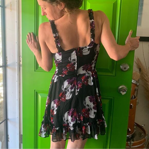 WhimsyGoth Dress Royal Bones by Daang Skull Print Sz Medium Black Chiffon - Picture 10 of 16